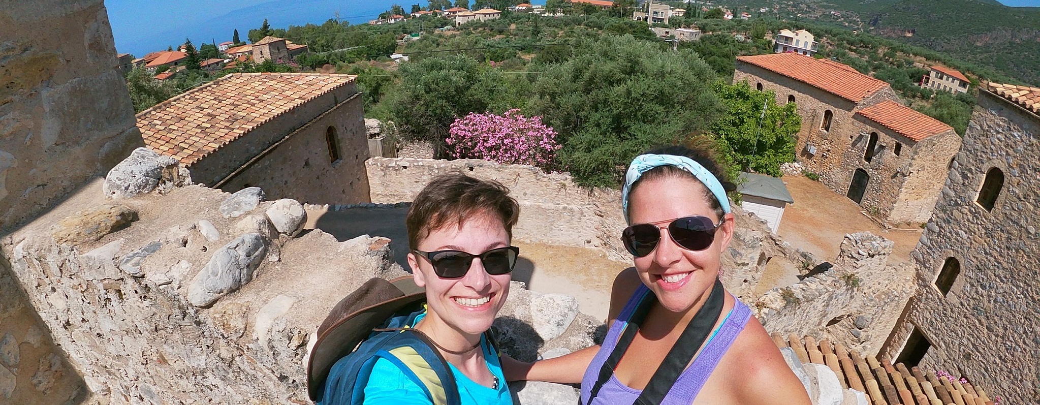 Becky and Chelsea pausing for a selfie in Kardamyli